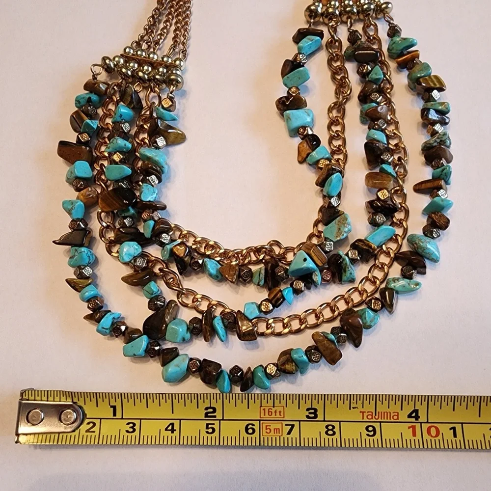 Turquoise & Tiger’s Eye Style Multi-Strand Beaded Statement Necklace – Boho Chic